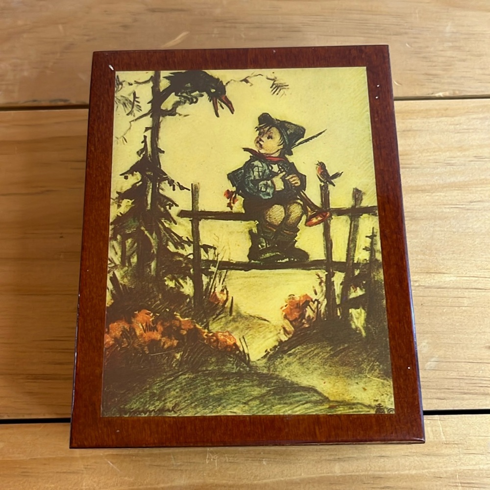 Vintage Hummel “Boy On Fence” Wood Music Jewelry Box